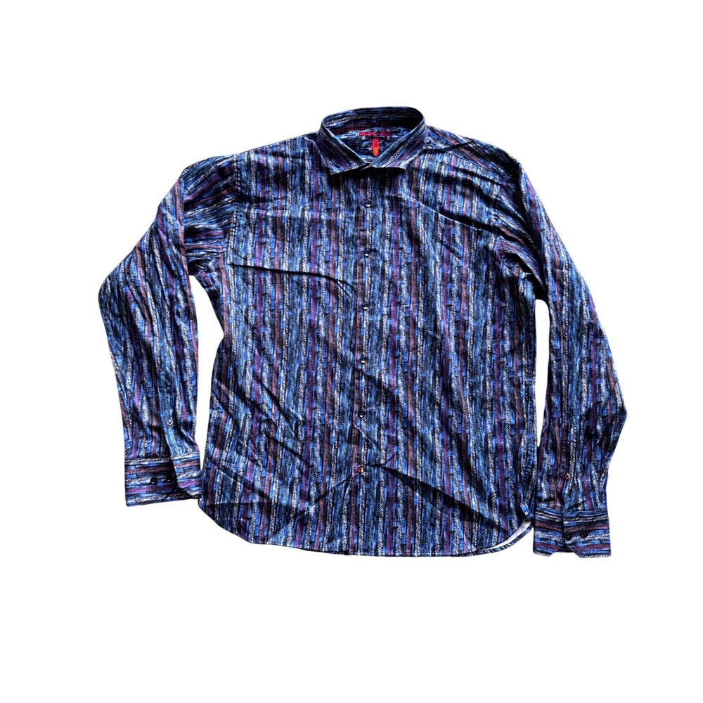 Luchiano Visconti Black Mens Blue Abstract Chevron Stripe Button Down Shirt L